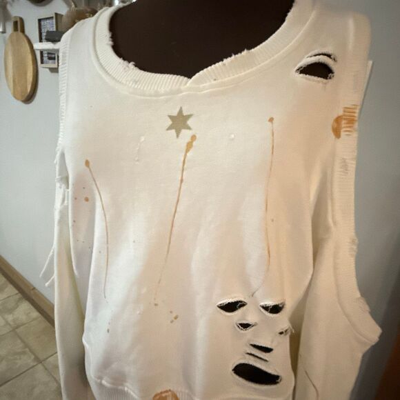 SMFK crewneck sweatshirt size small thrashed trashed cream color destroyed paint - Picture 2 of 12